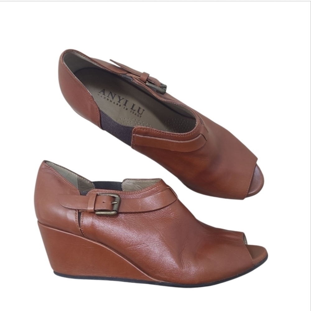 ANYI LU Peeptoe Wedge Booties Size 40 EU/ 9.5 US Brown Leather Made In Italy